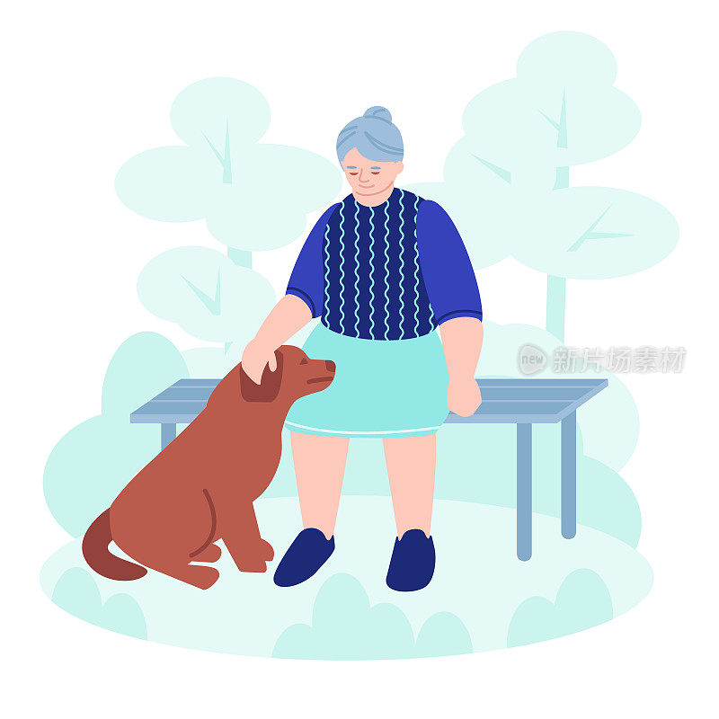 An elderly woman is sitting on a bench in the park. Dog next to mistress. Concept of dog companion for the elderly. Vector illustration in flat style.